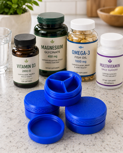 Travel Pill Organizer – 3 Compartment Vitamin & Supplement Case with Secure Lid (pack of 2)